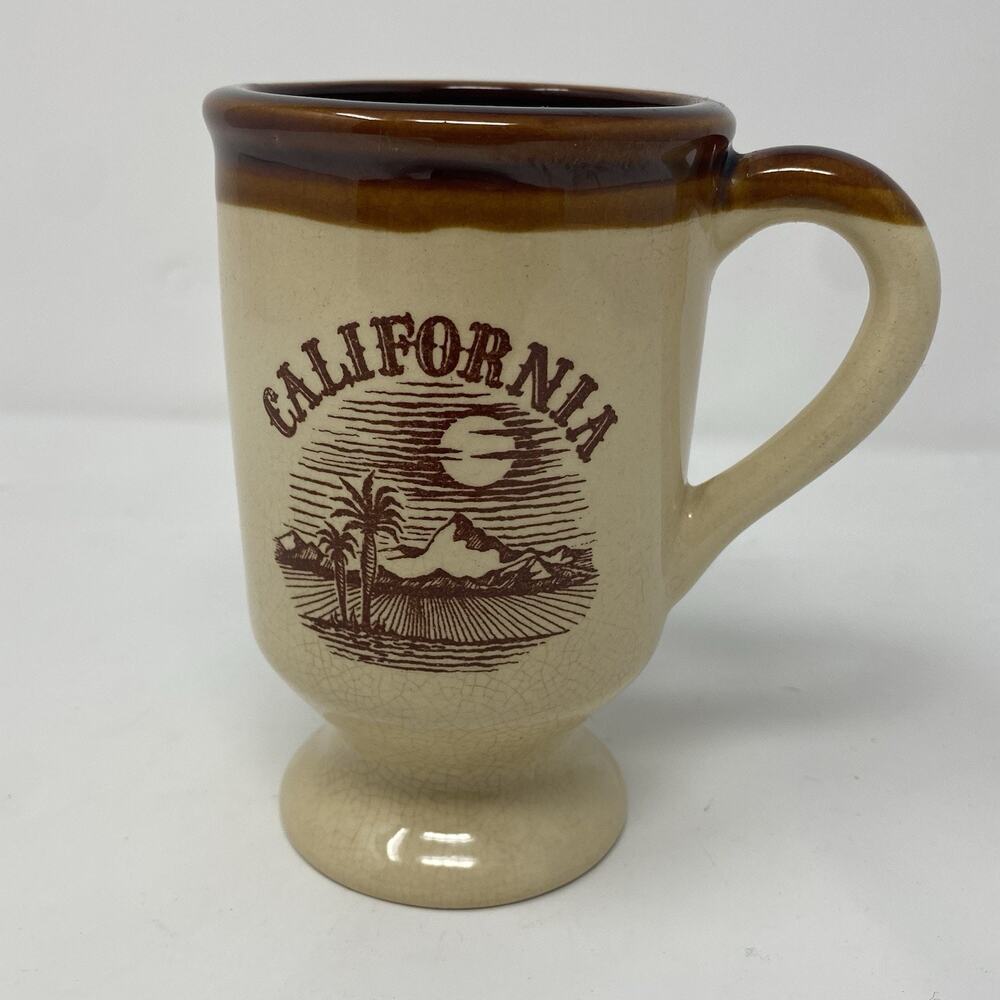 Vintage California Beige & Brown Souvenir Ceramic Footed Coffee Tea Cup Mug